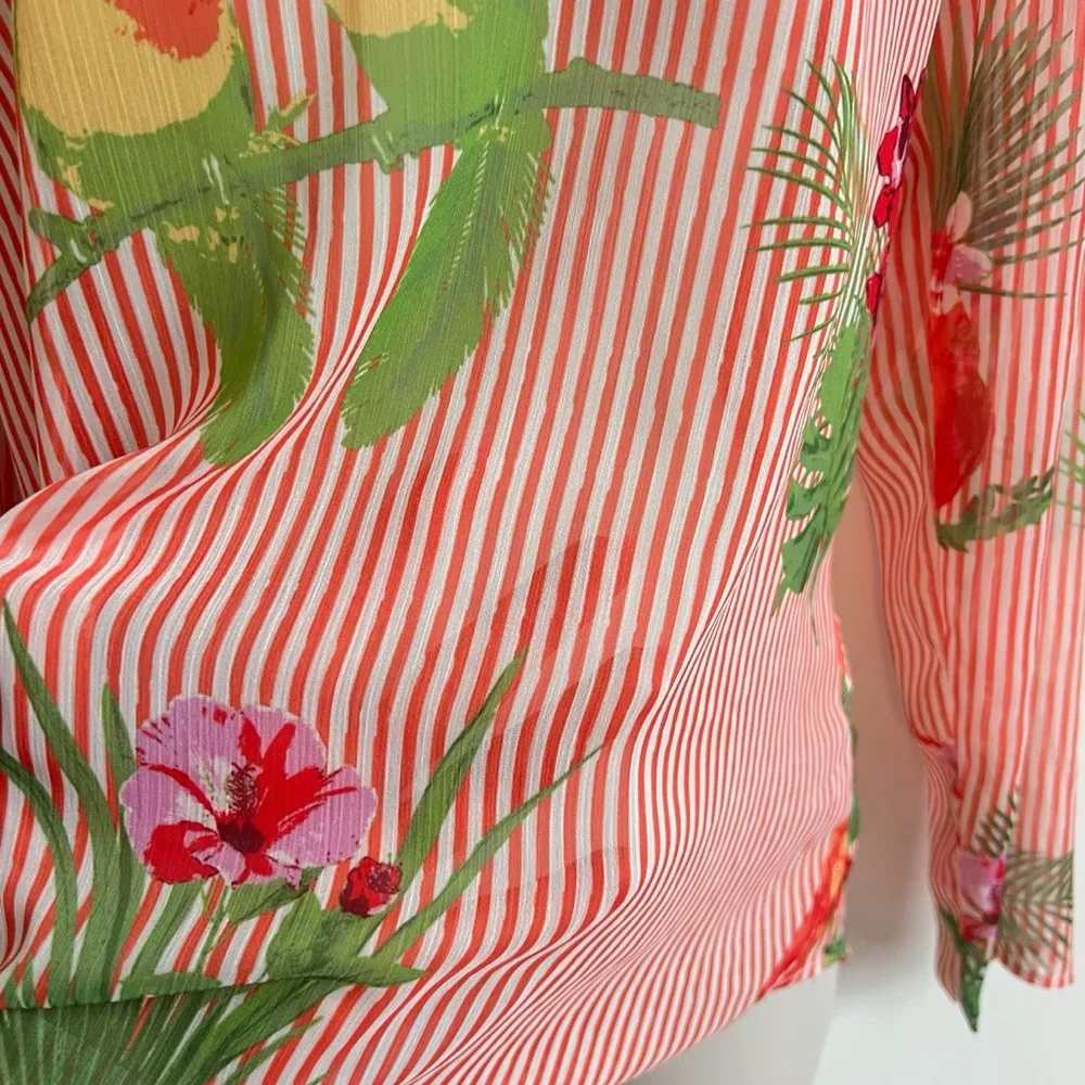 NEW Lemon Way Striped Tropical Lightweight Scoop Neck Long Sleeve Blouse Top XS Orange - Image 4