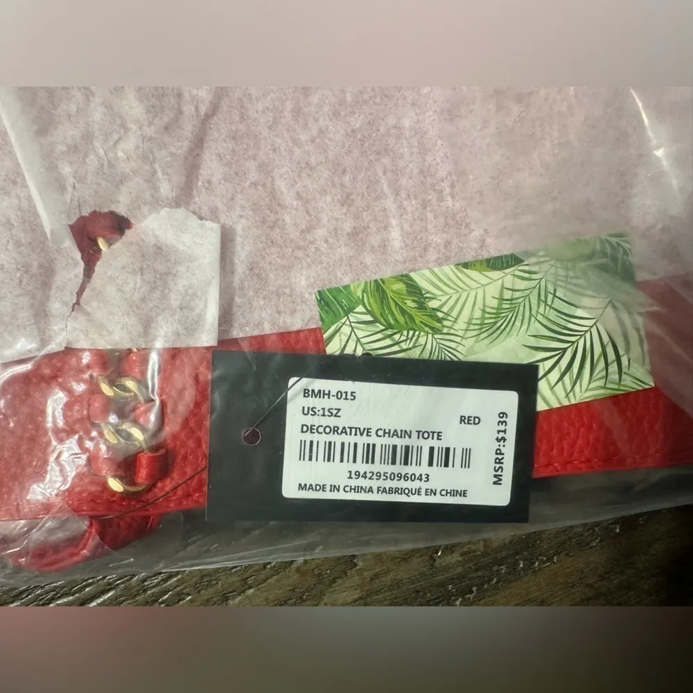 NWT Badgley Mischka Decorative Chain Pebbled Tote - Red - Image 5