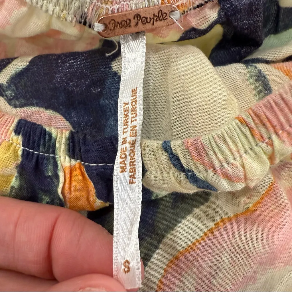 Free People Floral Puff Sleeve Off Shoulder Crop Top Women’s Small Blue/Yellow - Image 3