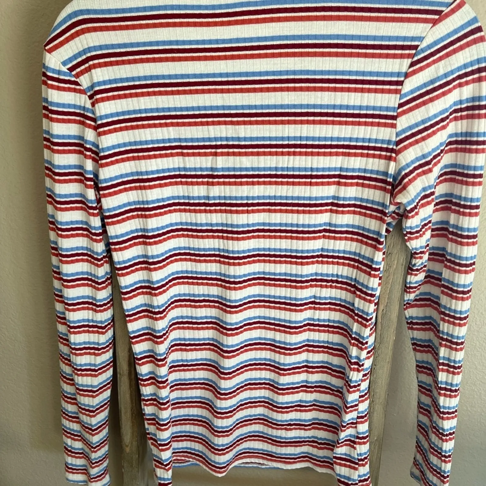 BKE Retro Striped long sleeve Henley ribbed T-shirt Womens Small Orange Red Blue - Image 3