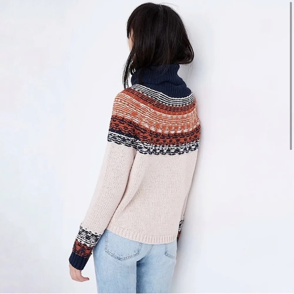 Madewell Brookdale Fair Isle Turtleneck Sweater Navy Orange Fall Small Autumn - Image 5