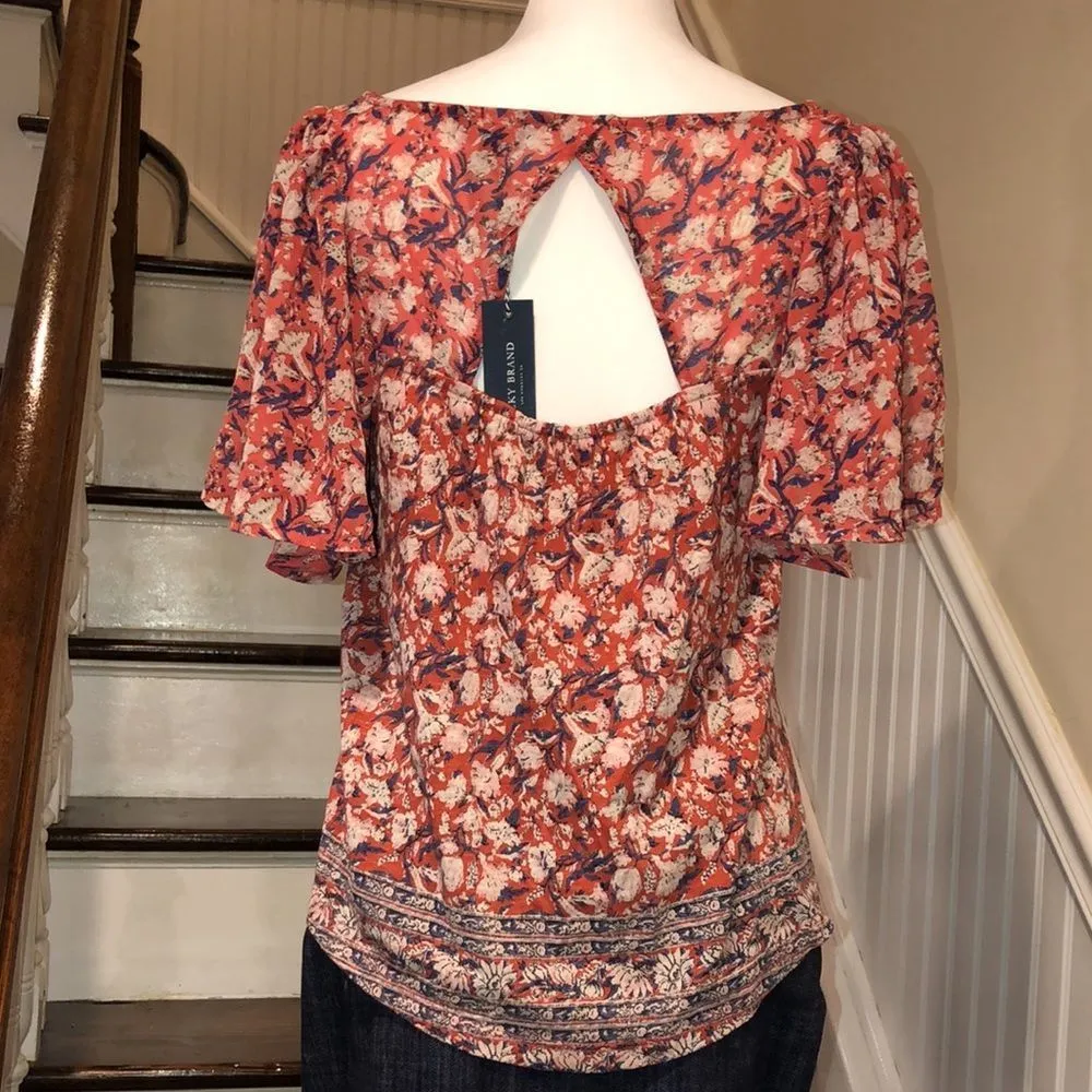 LUCKY BRAND Flutter Sleeve Rust, Navy, Ivory Floral Shirt With Floral Hem Sz SM - Image 2