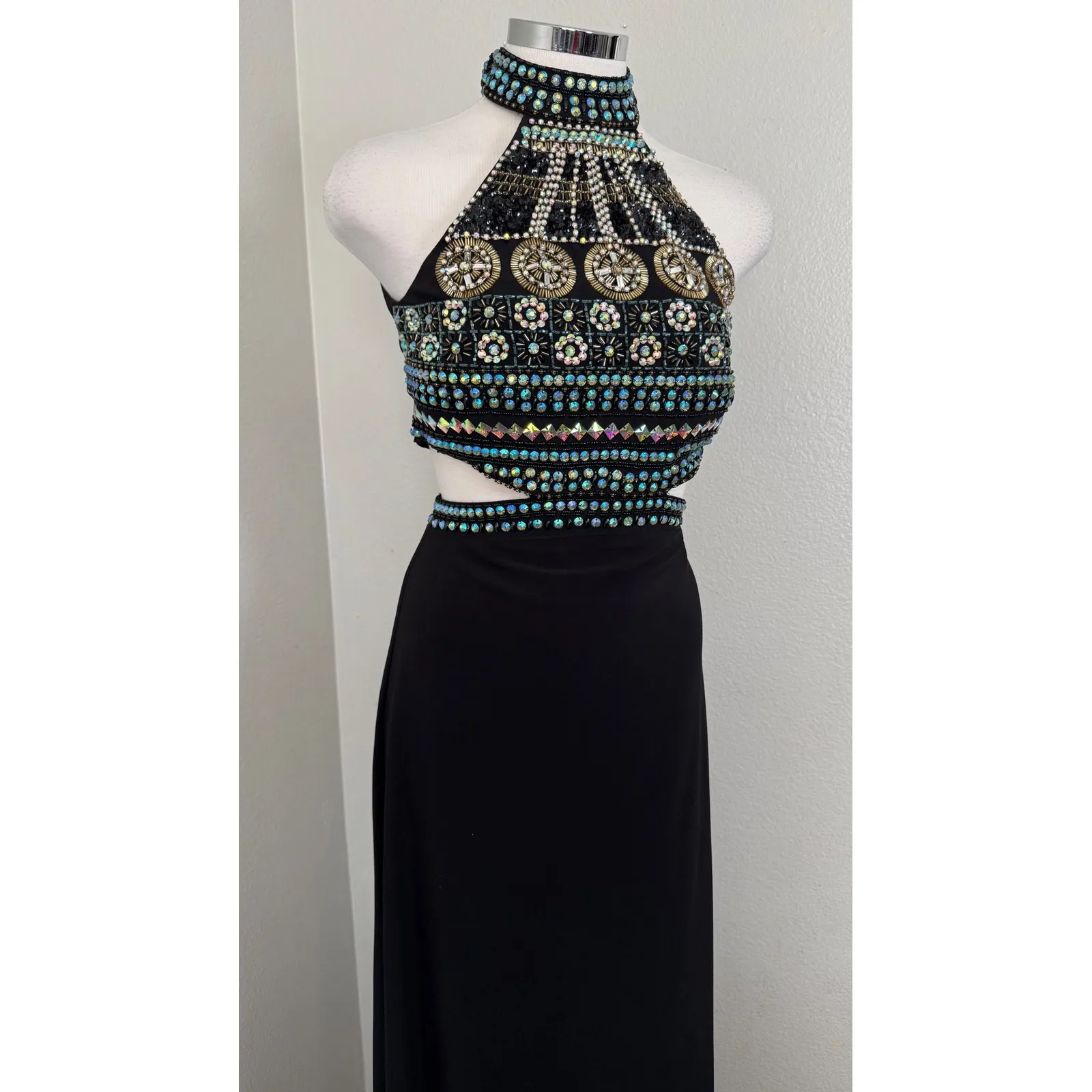 Crystal Doll Black Halter Neck Cutout Beaded Maxi Dress Size 9 Prom Formal - Image 5