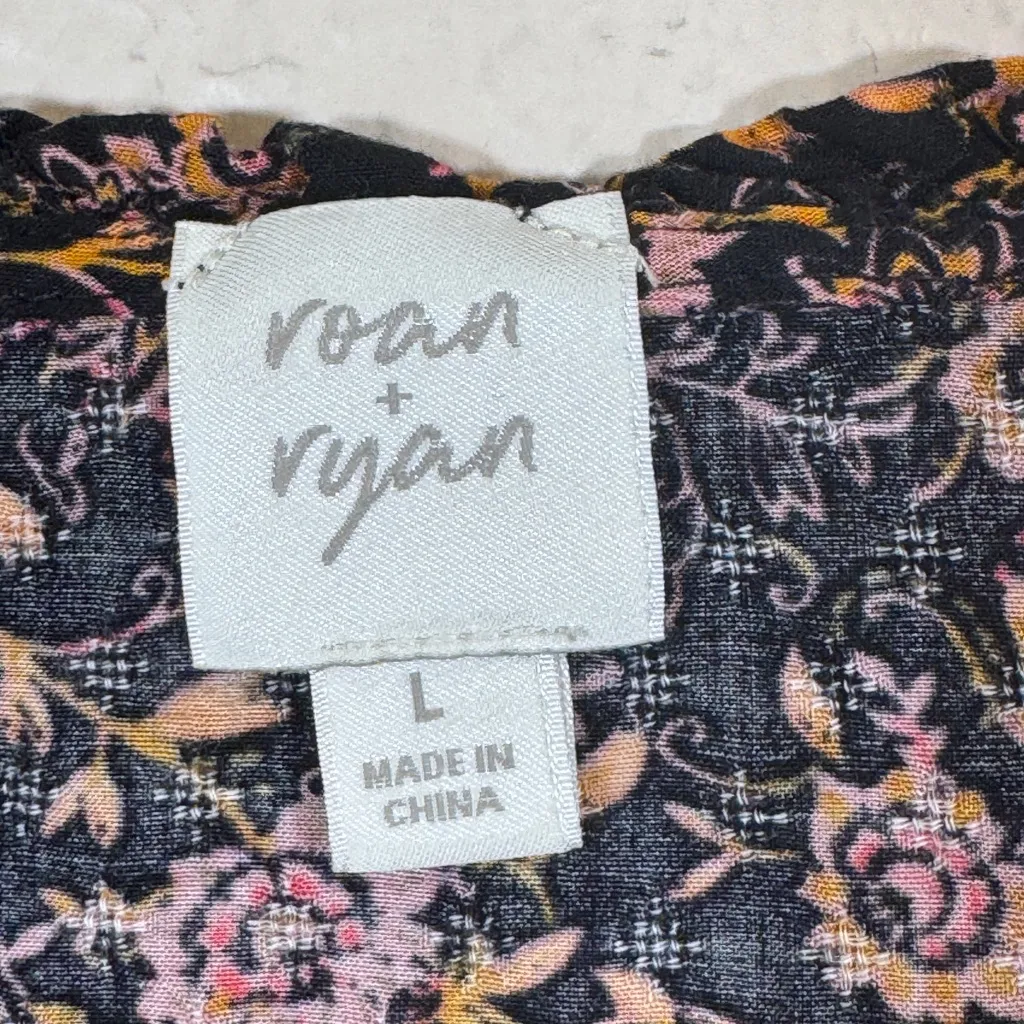 Roan & Ryan Black Pink Floral Boho Blouse Womens L Peasant Casual Cropped Shirt Size L - Image 8