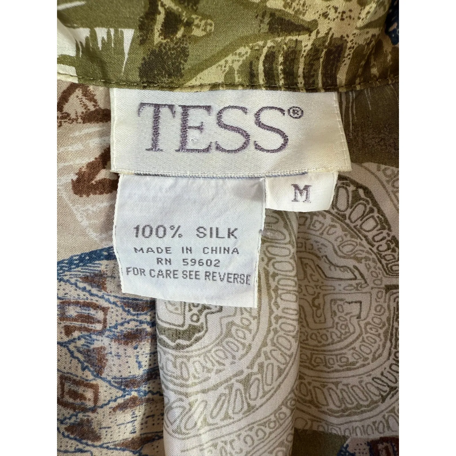 TESS Vintage 100% Silk Abstract Print Short Sleeve Button Down Shirt Luxe Size M Green Size M - Image 5