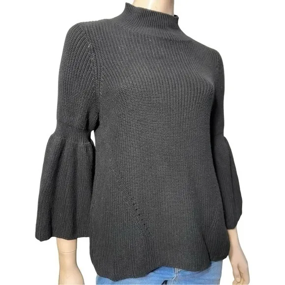 525 America Womens Size S Black Cotton Chunky Knit Bell Sleeve Mock Neck Sweater - Image 1