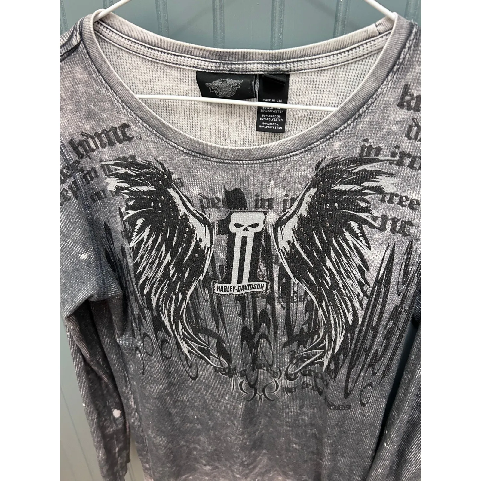 Harley Davidson Skull Wings Gray Acid Wash Long Sleeve‎ Top Womens L Biker Size L - Image 2