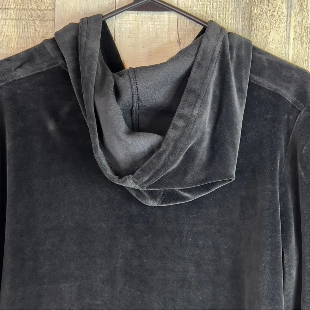 Chic Vintage Velour Long Sleeve Drawstring Hoodie with Zipper Front & Po… Black Size M - Image 16