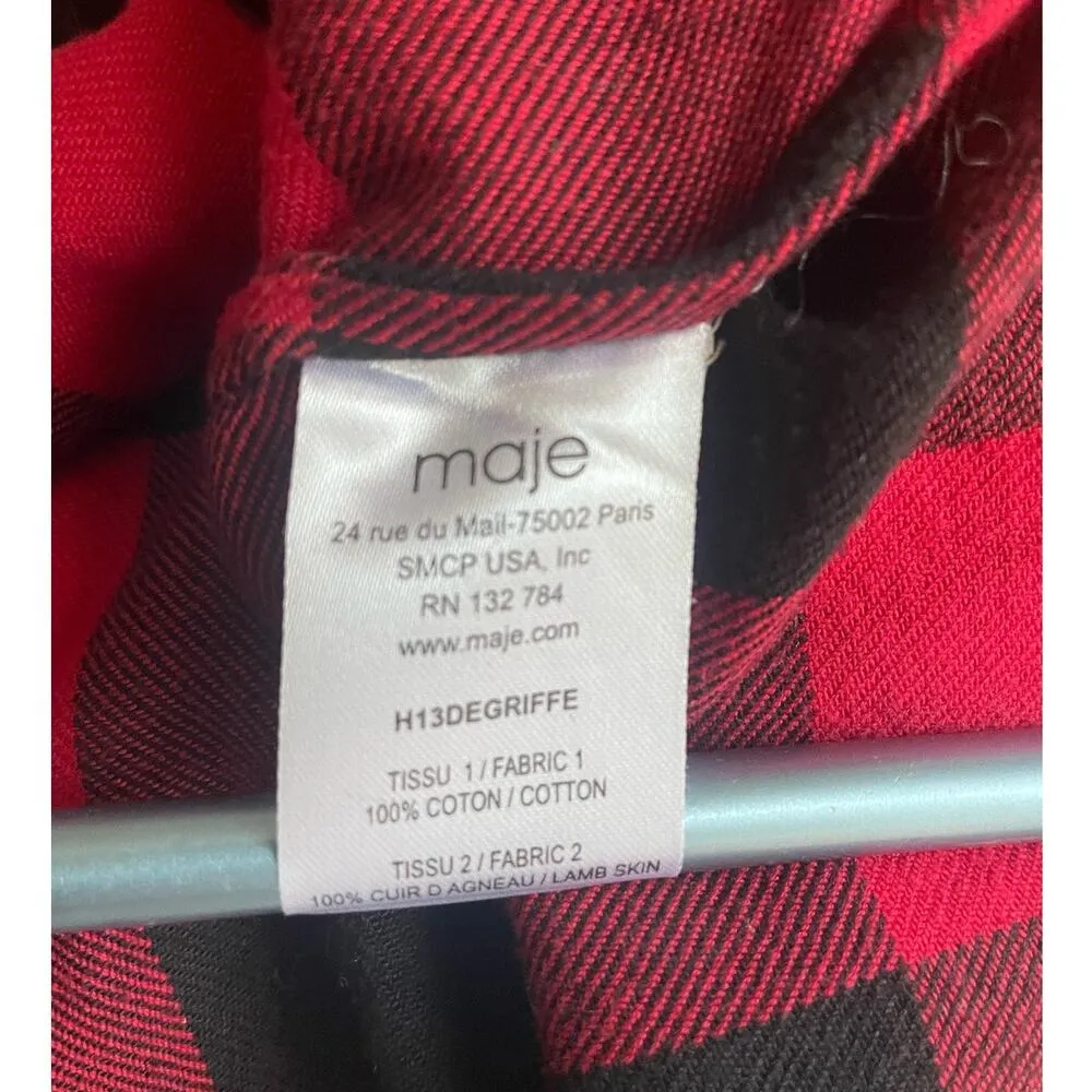 Maje Buffalo Plaid Red Black Shirt with Leather Trim Size 1/ Small - Image 6