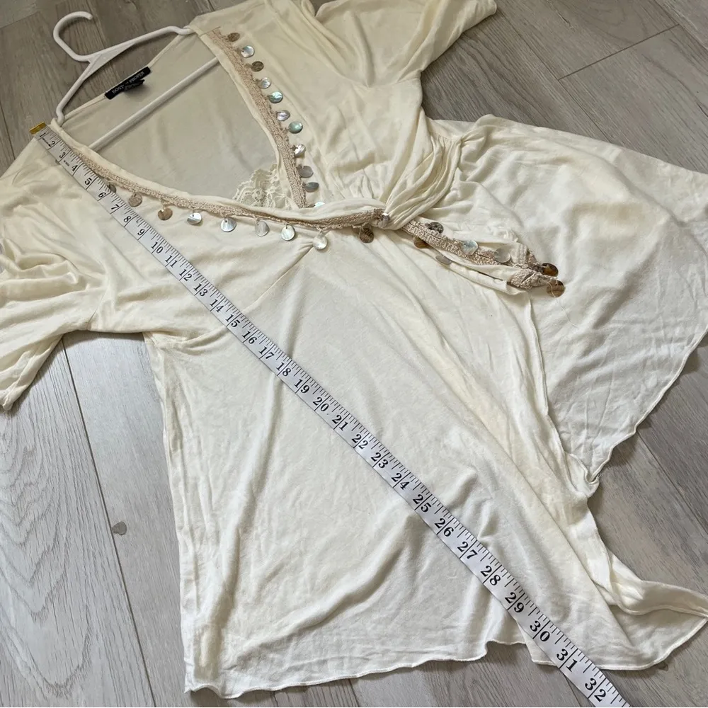 Boston Proper V Neck Sequined Top Cream (Large) y2k boho hippie half sleeve - Image 6
