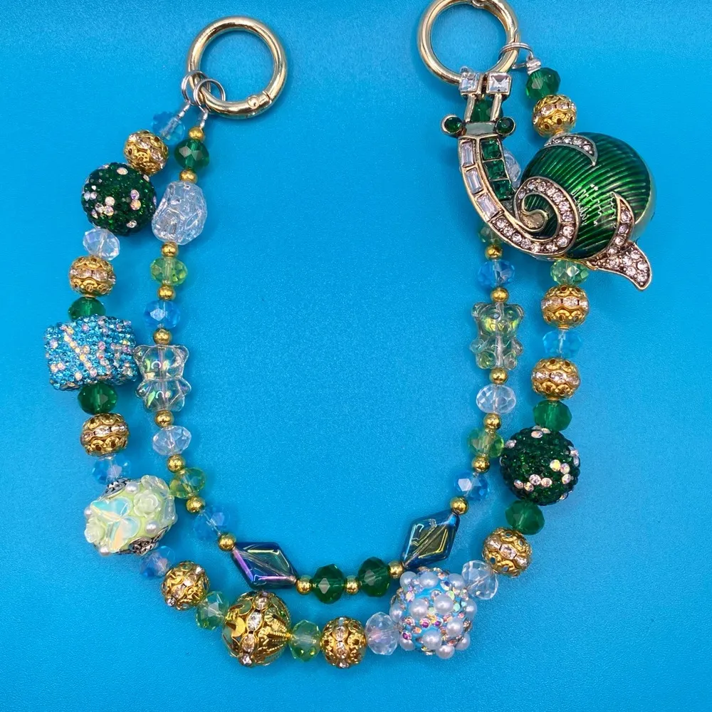 ππ Luxury Bag/Phone Chain Charm/Keychain Green Rhinestone Snail Crystal Beads - Image 8