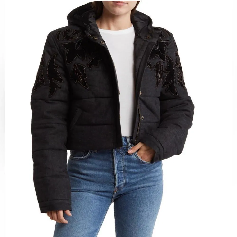 Free People RARE Fleur de Lis Black Denim Hoodie Puffer Jacket Medium NEW - Image 3