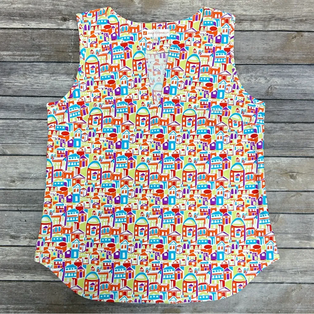 Jude Connally Santorini Village Sleeveless Split V Neck White Orange Buildings Size L - Image 5