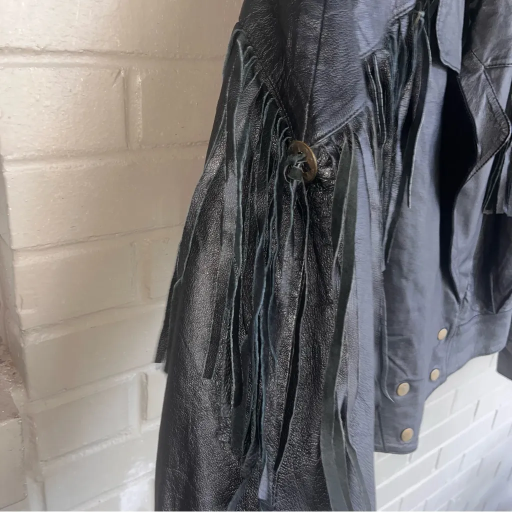 Vintage Cropped Black Leather Studded Jacket with Fringe Fringes Size L Size L - Image 6