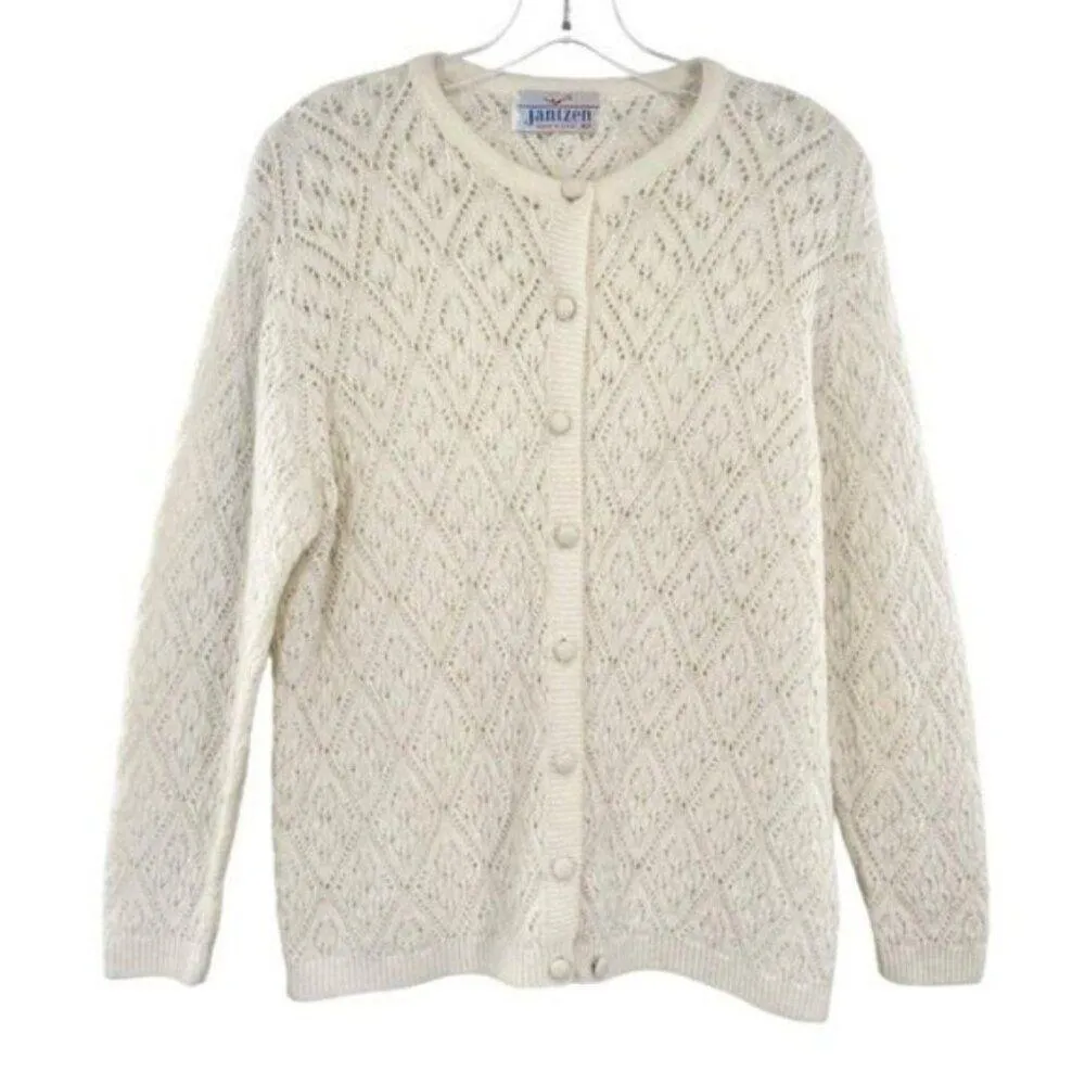 Womens Vintage 1960s Ivory Pointelle Knit Crochet Cardigan Sweater - Image 12