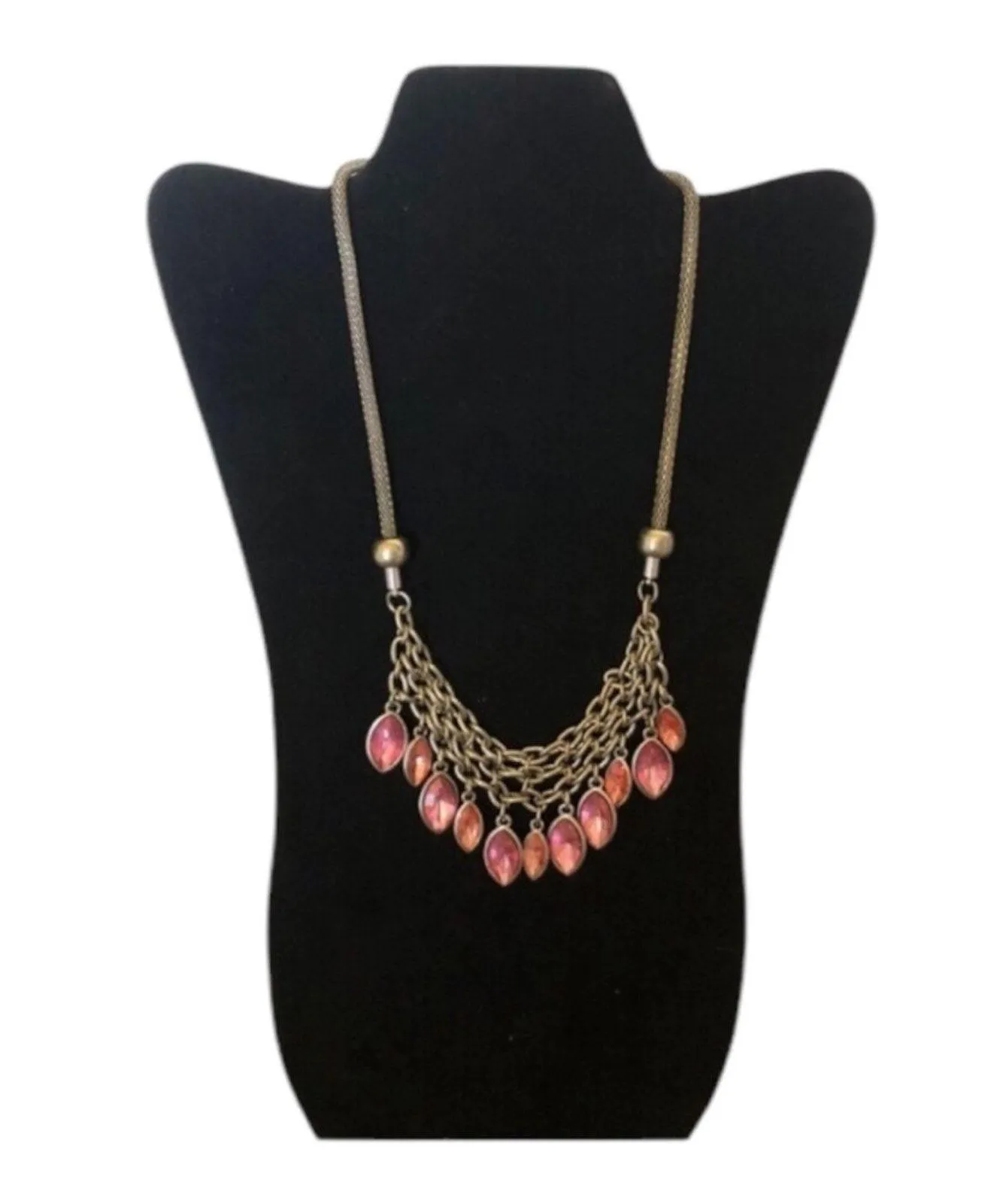 Retro Silver Toned Multicolored Pink Glass Dangling Beads Statement Bib Necklace Gold - Image 2