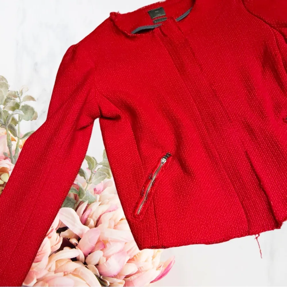 Gap Blazer Jacket Red Tweed Zip-Up Sz Small - Image 5