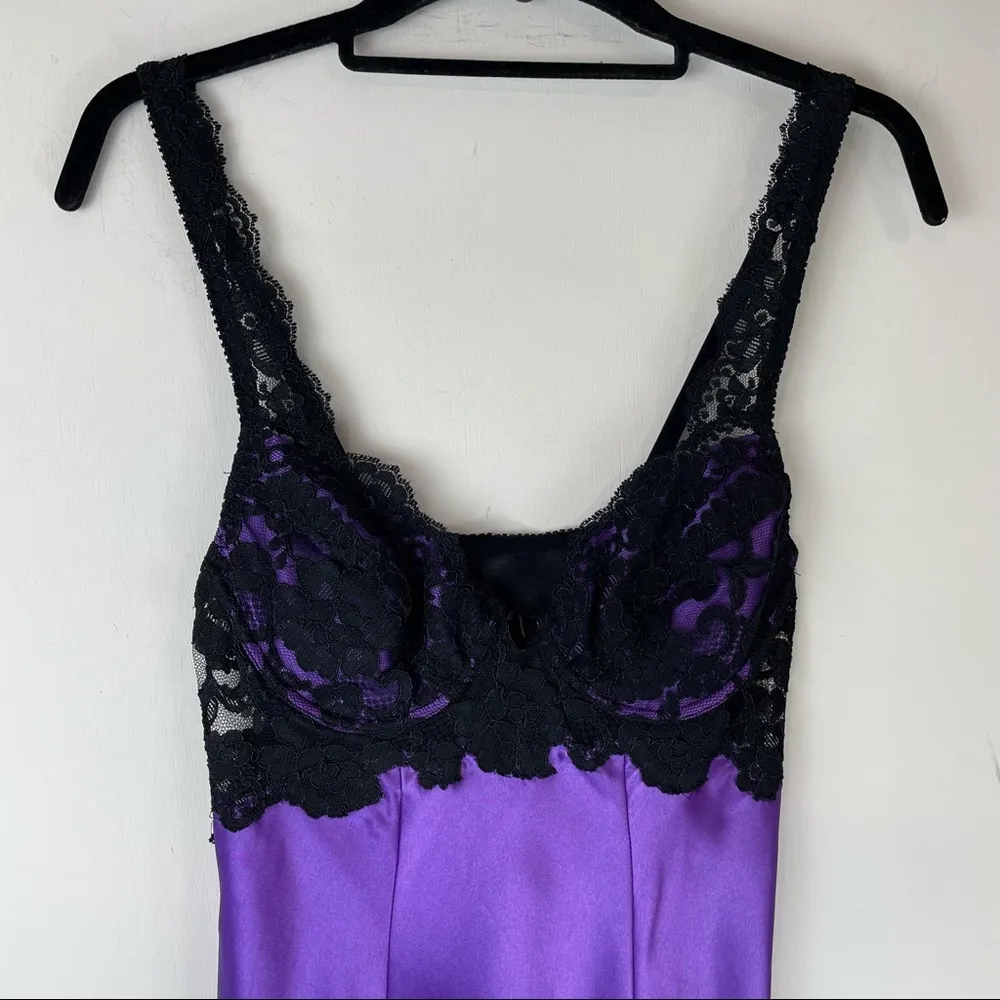 Vintage 90s Victoria’s Secret Purple Satin Lace Midi Slip Dress Slit Sz XS Y2K - Image 2