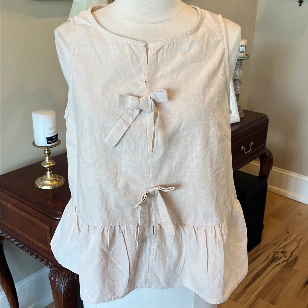 Bow Front Light Khaki Ruffle Hem Cotton Top New Tan - Image 6