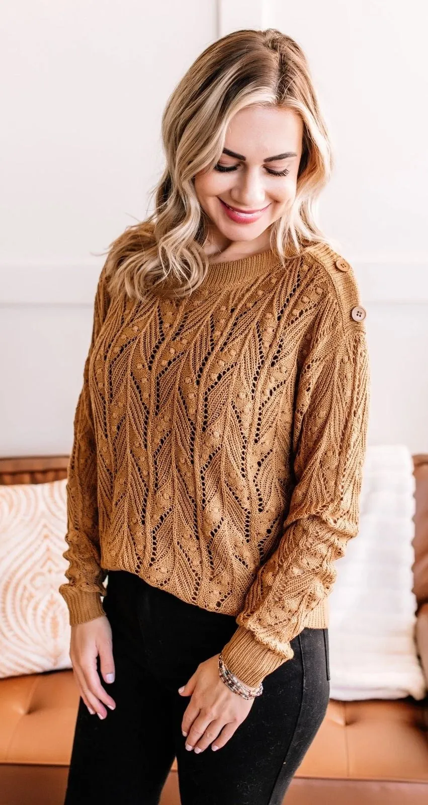 143 Story Crochet Knit Sweater Button Detail Long Sleeve Casual Pullover Top - Image 1