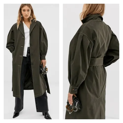 ASOS DESIGN Women's balloon sleeve khaki Green‎ trench coat Size 0 XS - Image 3