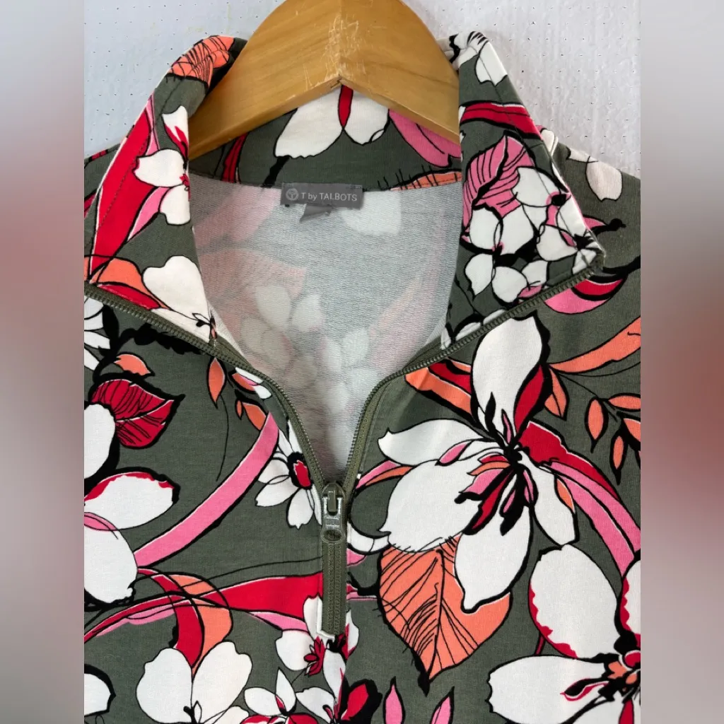 Talbots Mp Athletic Quarter Zip Shirt in Olive Green and Pink Floral - Image 3