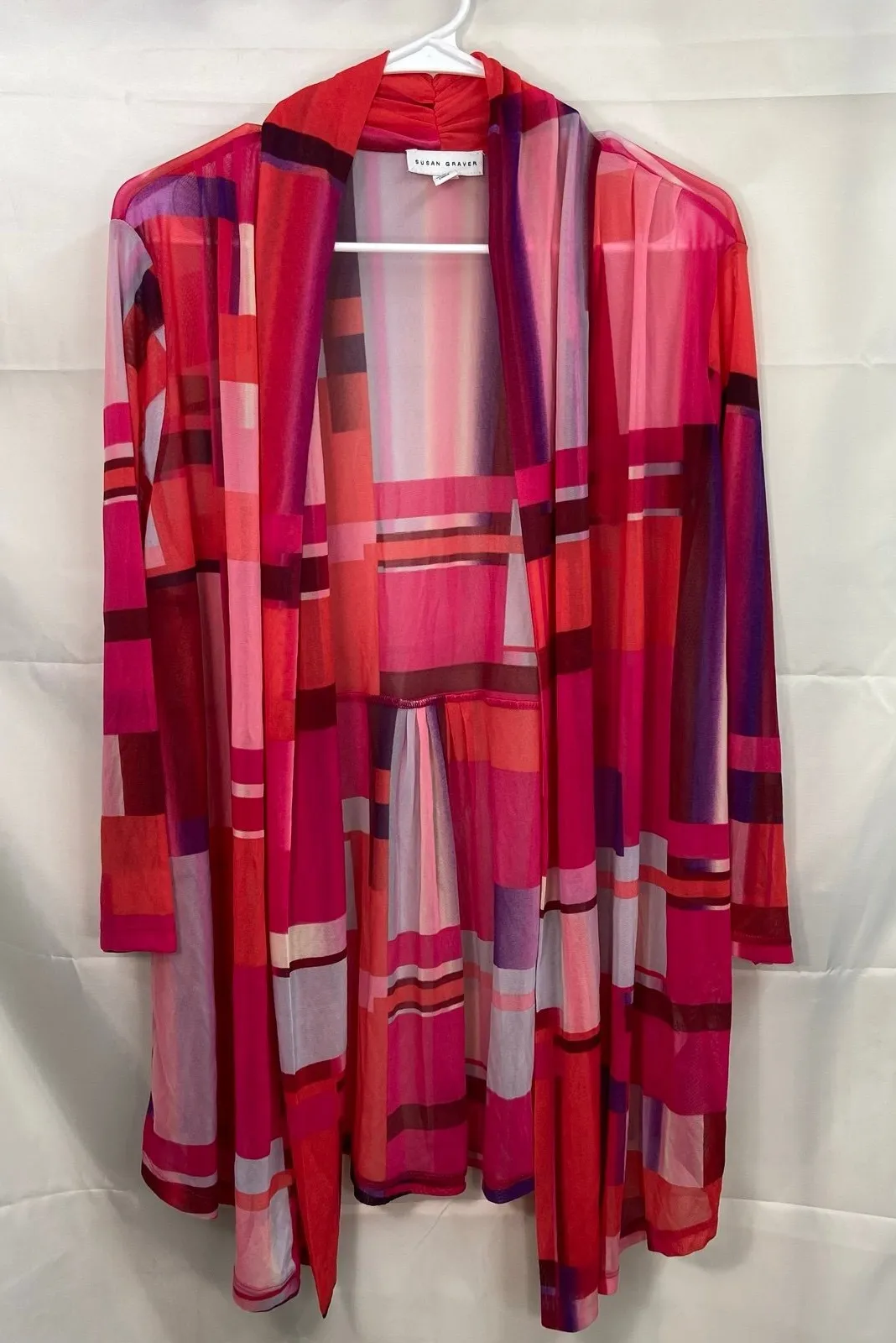 Susan Graver women's pink red colorblock mesh lightweight open cardigan large - Image 1