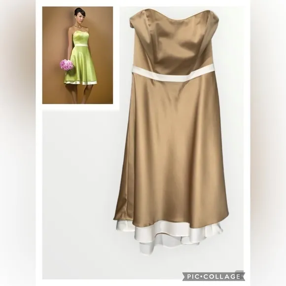 Alfred Angelo Cocktail Length Satin Strapless Gold & Cream Prom Formal Dress 8 - Image 2