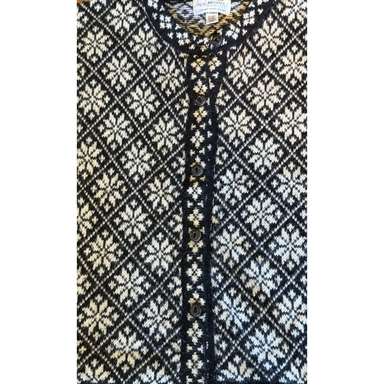 VTG Alpaca Imports Hand Knit Cardigan Sweater Alpaca Wool Snowflake Festive Black Size L - Image 6