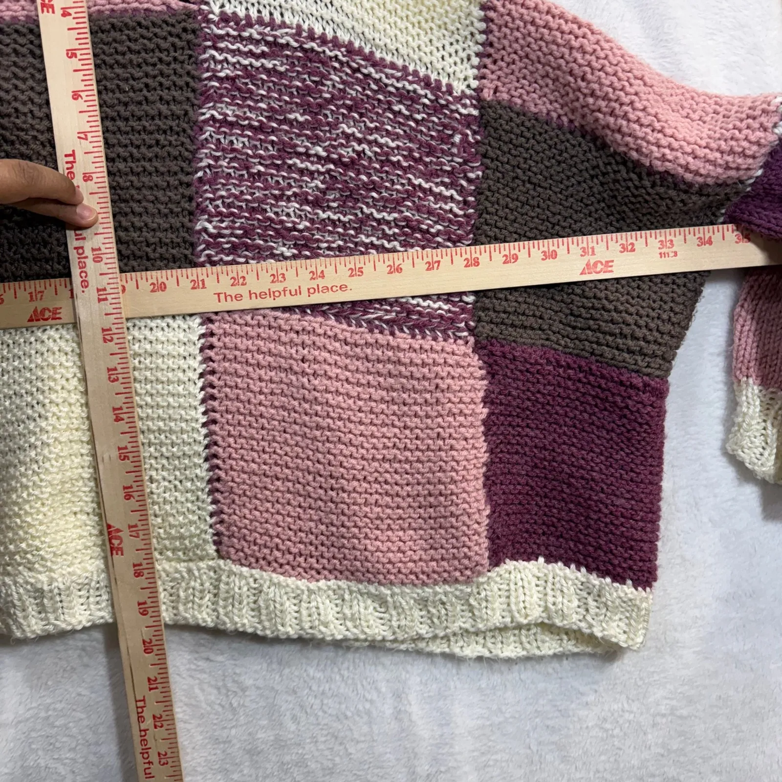 Handmade M/L Oversized Cardigan Pink Knit Cozy Boho Patchwork Artsy Grandma Y2K Purple Size L - Image 8