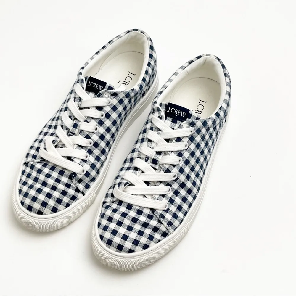J. CREW Factory Gingham Plaid Lace Up Canvas Shoes, Size 7 Blue - Image 9