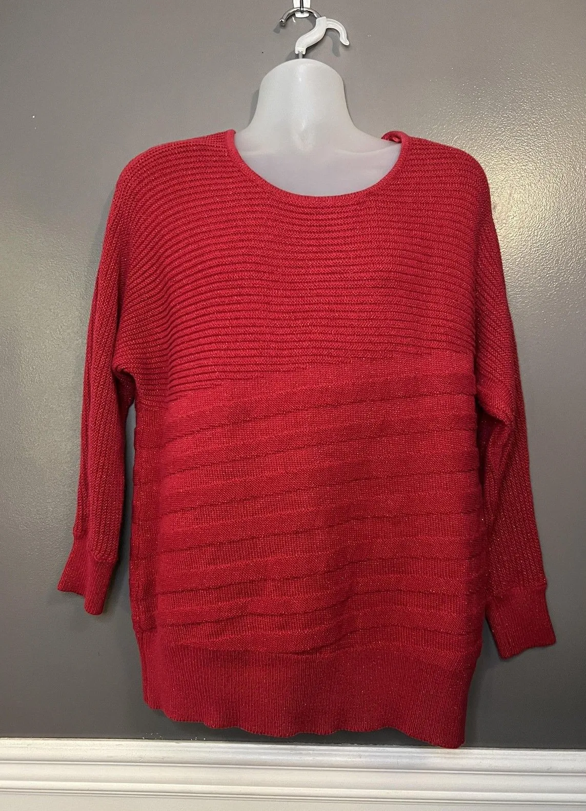 Alfani Sweater Womens Plus Size 1X Red Metallic Ribbed Knit Crewneck Pullover - Image 1