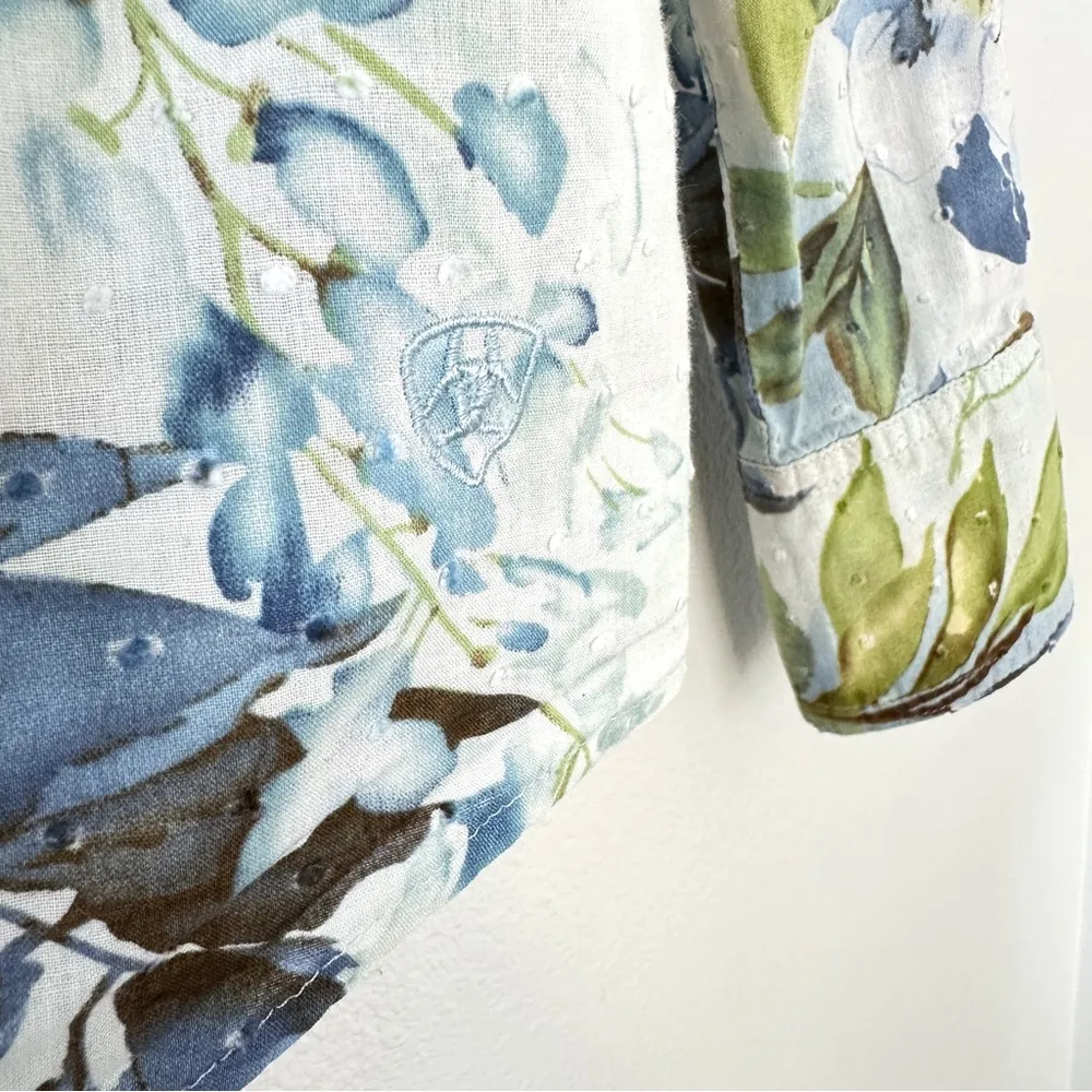 Ariat Fitted Floral Pearl Snap Shirt M 100% Cotton Blue Green White Western - Image 4