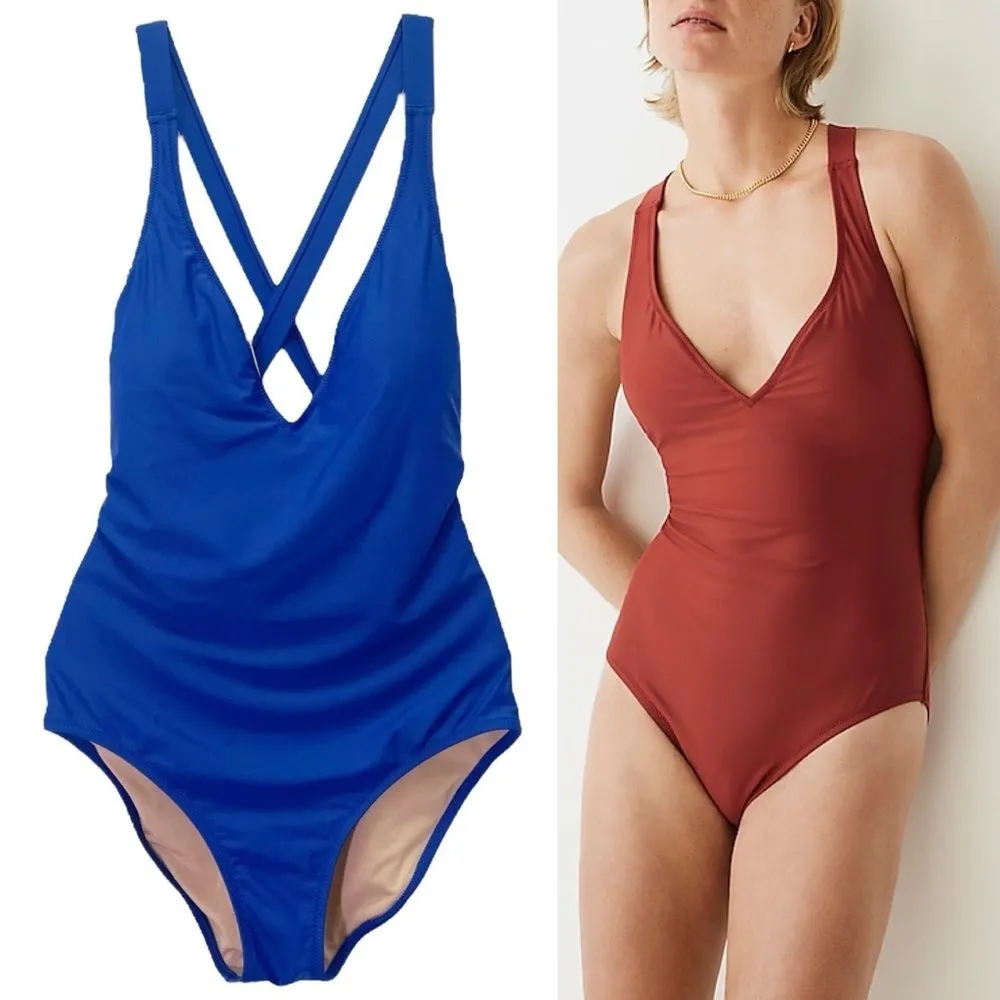 J. Crew Cross Back One Piece Swimsuit Royal Blue Size 8 V-Neck Plunge Low Back - Image 4