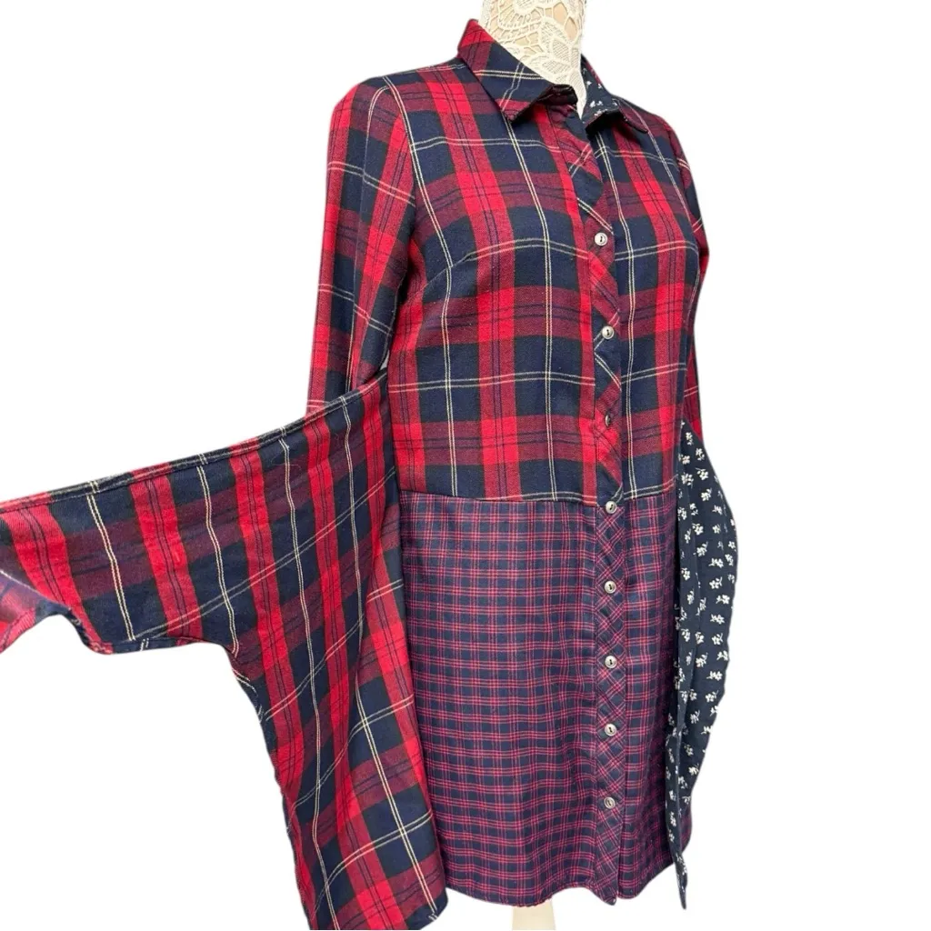 Urban Outfitters Skies Are Blue Red Navy Plaid Mixed Print Shirt Dress Small GUC - Image 7