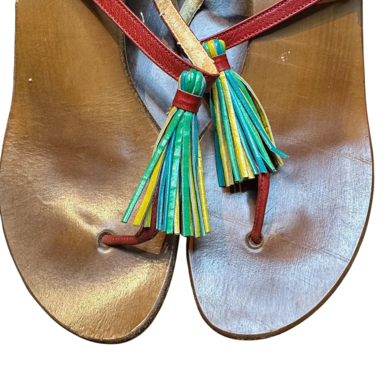 Golo Wedge Sandals Womens Size 10‎ Red Leather Tassel Ankle Strap Made in Italy - Image 2