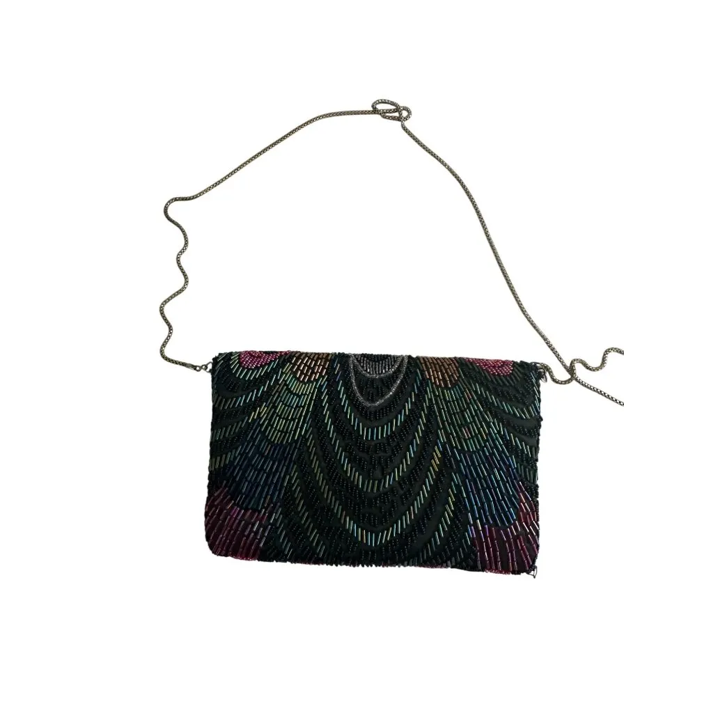LE REGALE Vintage Beaded Multicolor Cocktail Bag w/ Chain Strap Black - Image 3