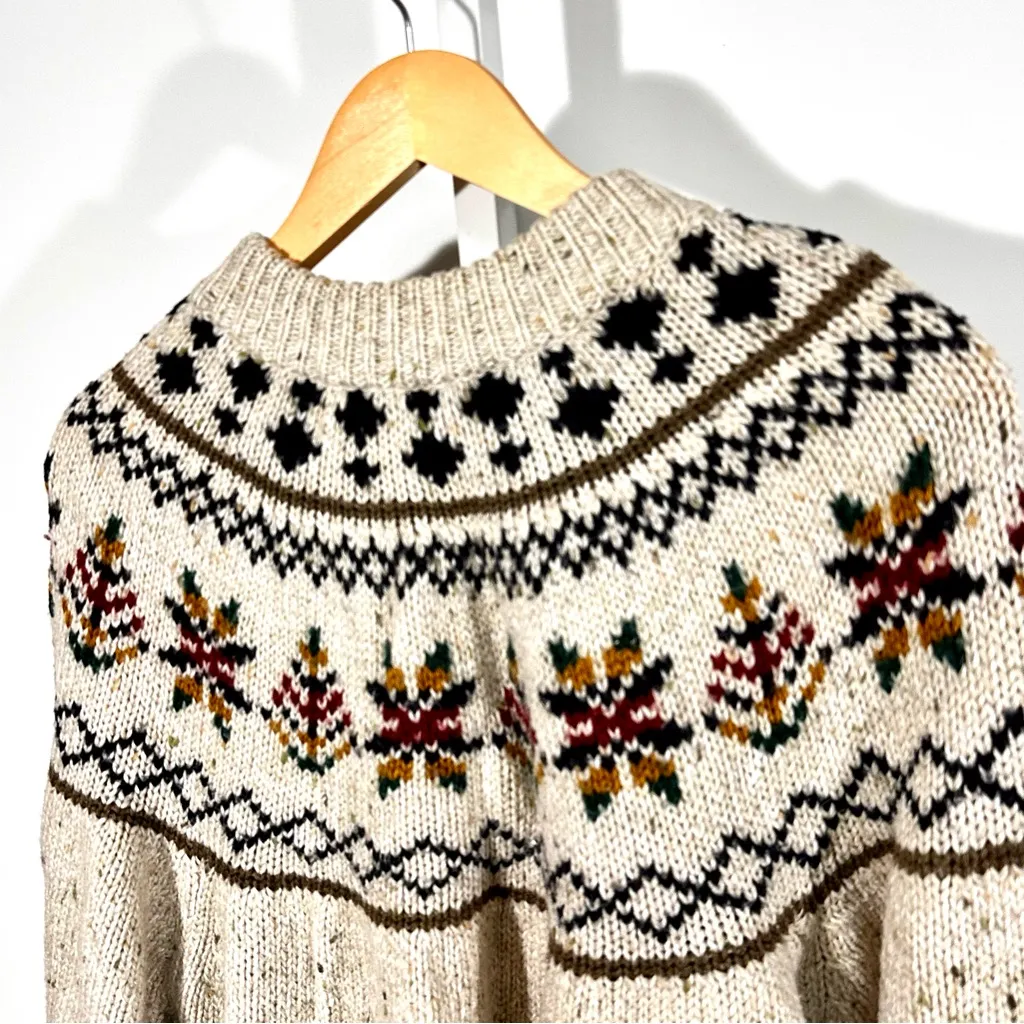 Le Moda Nordic Fair Isle Wool Sweater L – Beige Fleck Knit Yoke Pullover Tan Size L - Image 2