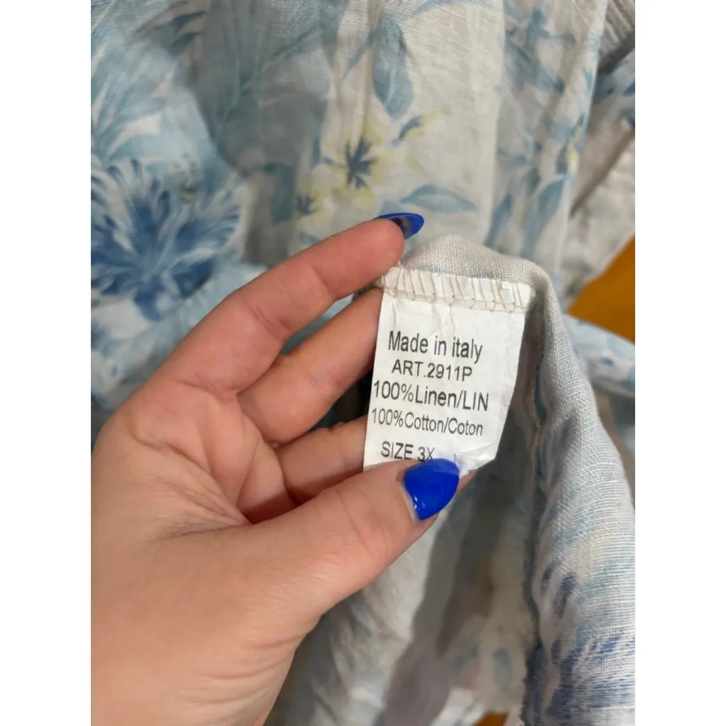 Lungo L’Arno Made in Italy 3X Linen Floral Top Blouse Oversized Boho Resort White - Image 4