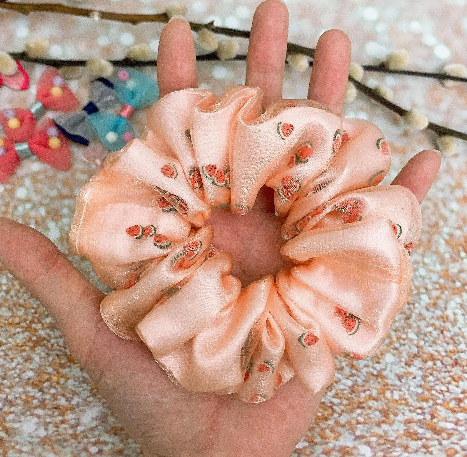 Watermelon Shaker Scrunchie Filled Scrunchie Crystal Organza Scrunchie Orange - Image 4