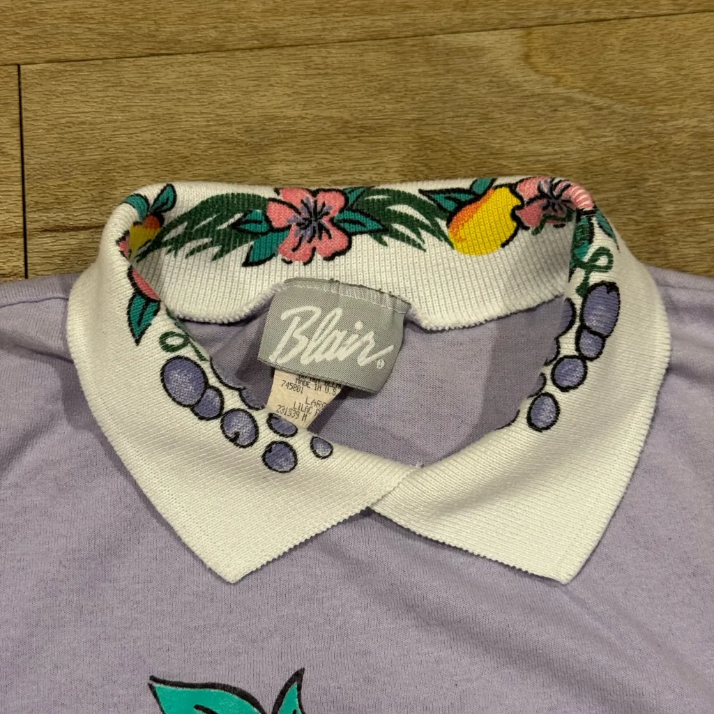 Vintage 80s Blair Floral Polo Sweatshirt Short Sleeves Lilac Purple Size L - Image 2