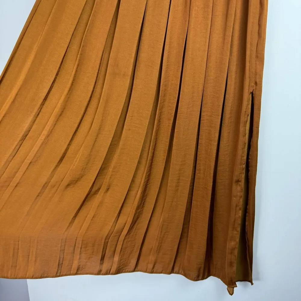 Topshop Pleated Satin Midi Skirt Sz 2 Golden Bronze Copper Side Slits Flowy Chic - Image 13