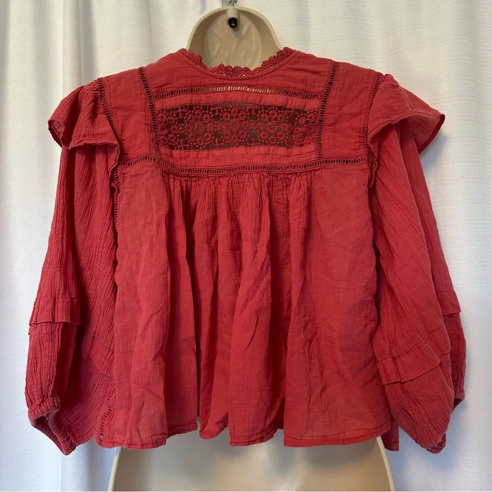 Free People Laura Western Top Red Berry Size XS Boho Embroidered FLAW Repaired - Image 13