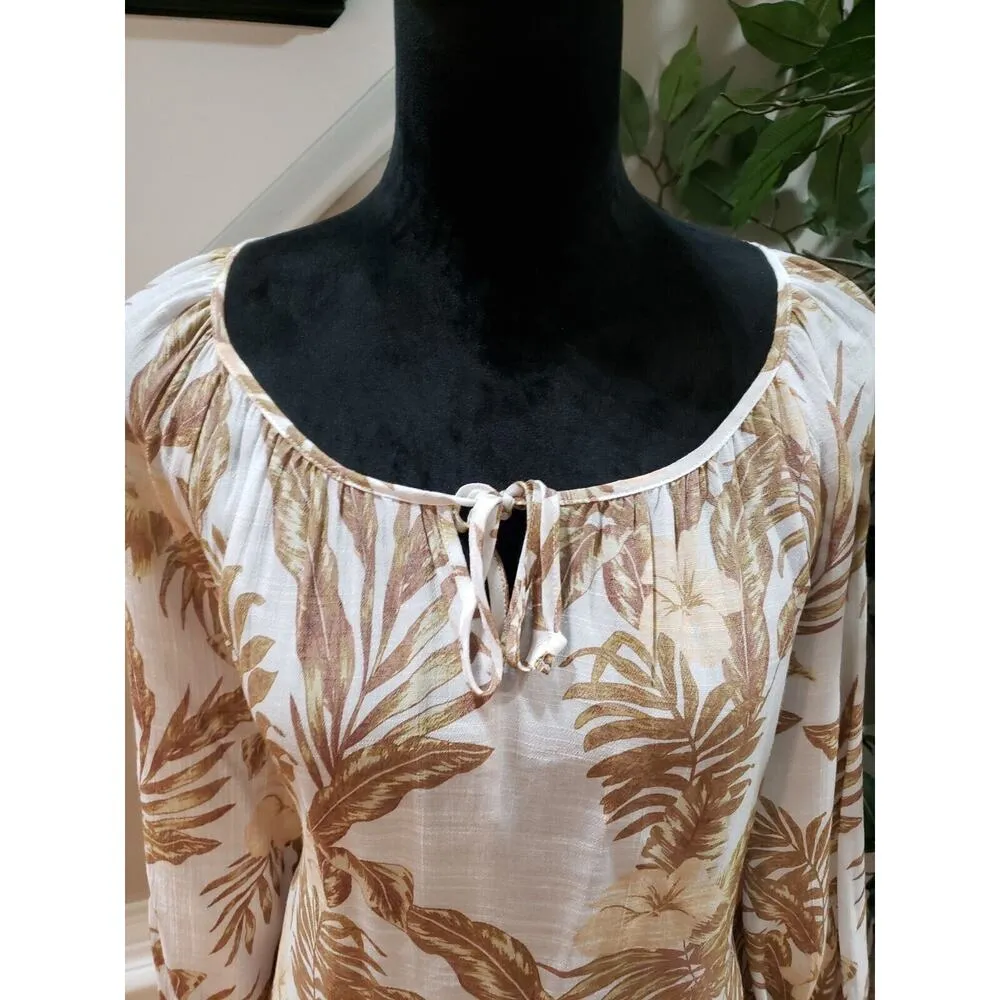 Fred David Women's Beige & Brown Rayon Round Neck Long Sleeve Top Blouse Large - Image 4
