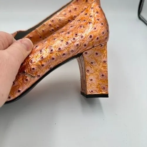 90s Bellini Women Square Toe Leather Ostrich Embossed Metallic Heels Shoes 9M Orange Size 9 - Image 5
