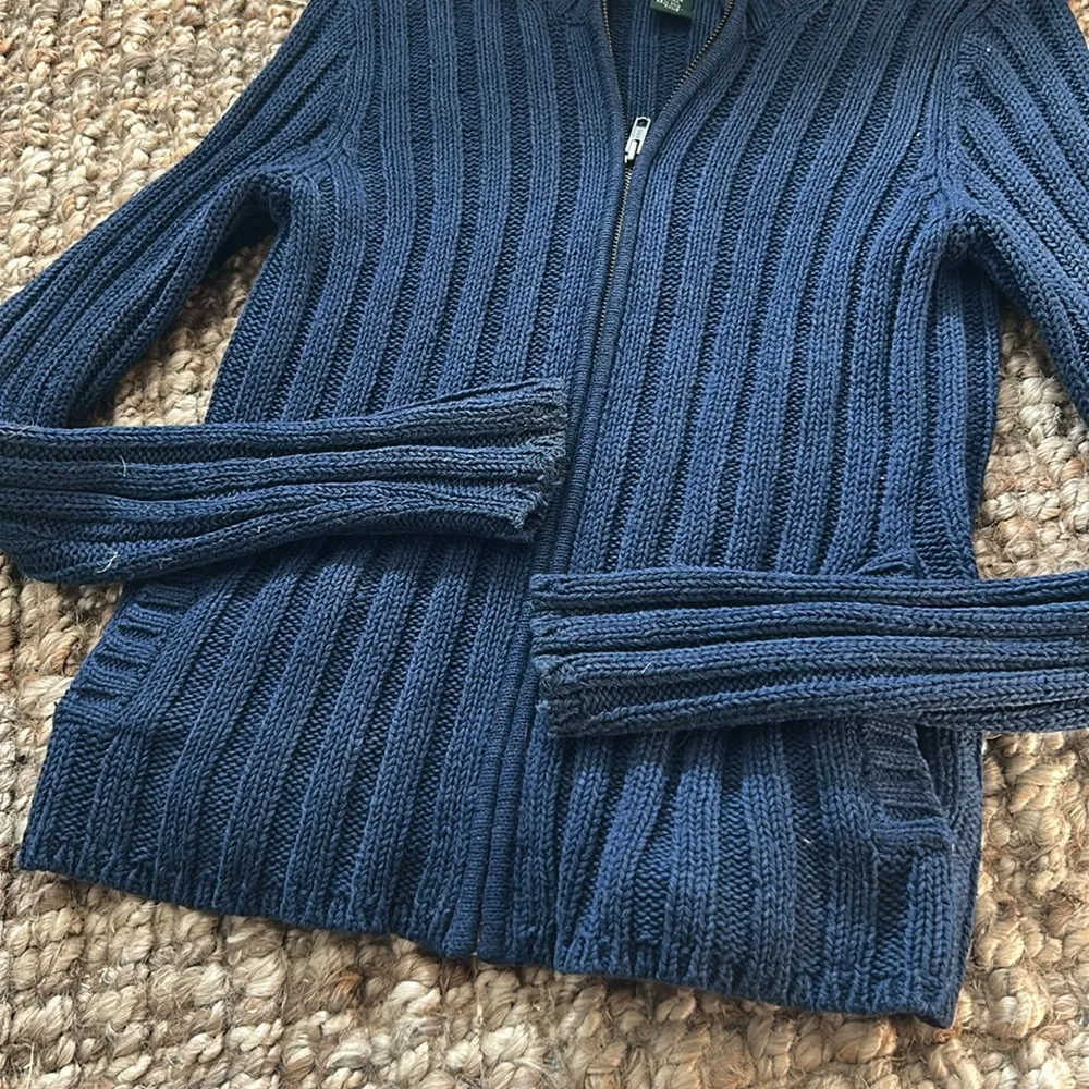 Ralph Lauren Navy Silk Linen Blend Zip Up Knit Sweater Size Small - Image 2