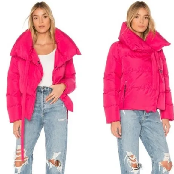 NWT Bacon Neckline Tie Nylon Puffer Jacket Magenta Pink Women's Size Small - Image 1