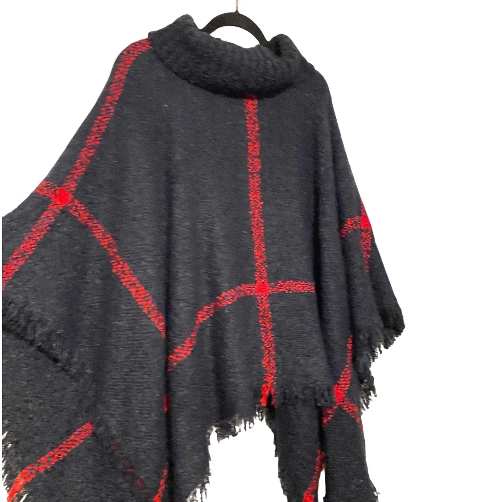 Plaid Turtleneck Knit Fringe Navy Poncho Sweater OS Boho Scandigirl Drape Winter - Image 2