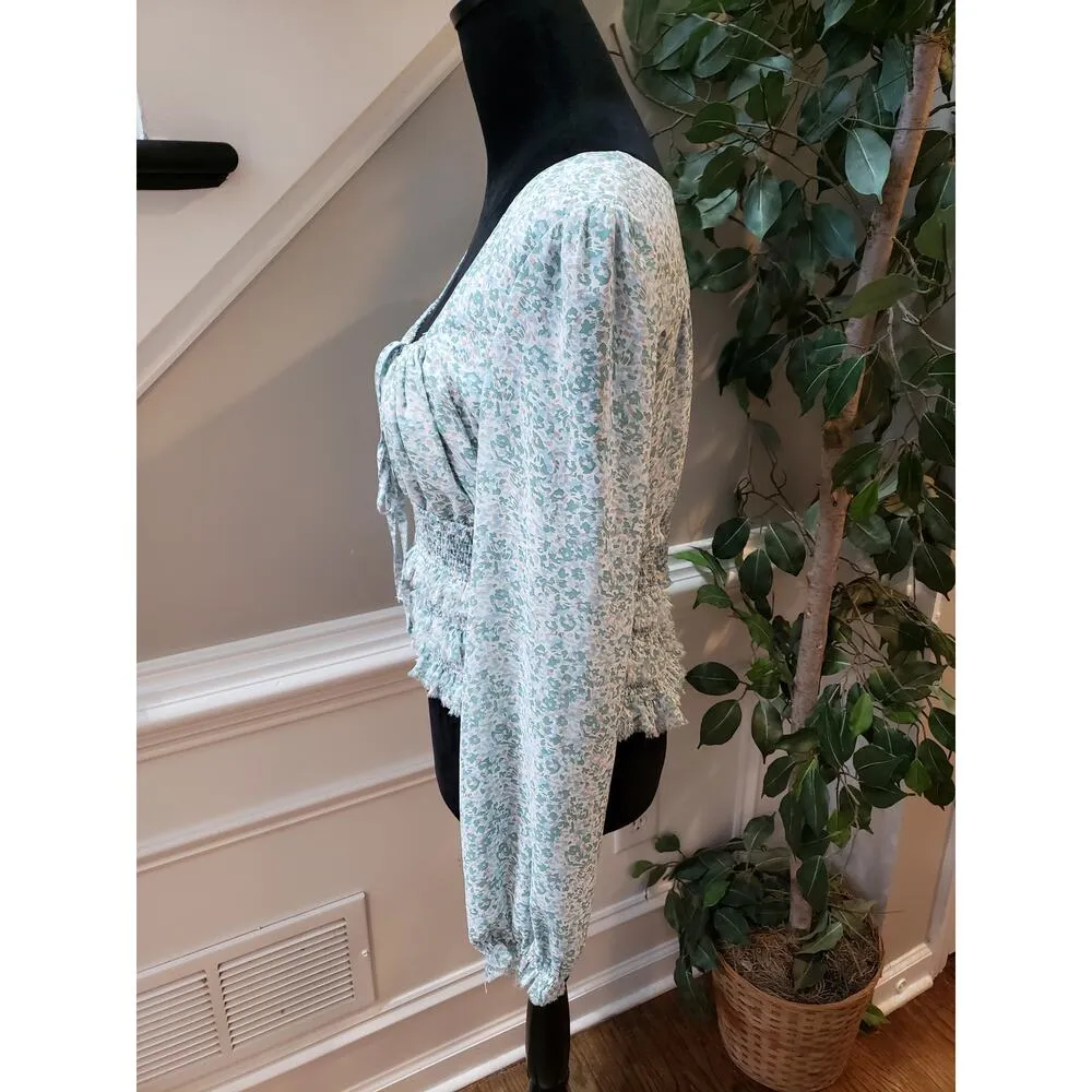 Millibon Blouse Top Womens L Green Floral Ruffled Smocked Tie Front Square Neck Size L - Image 12