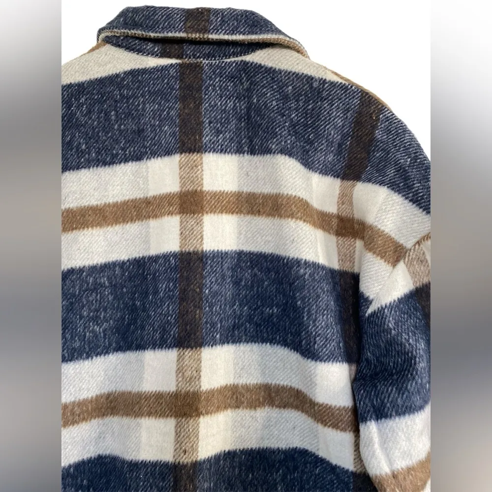 Women's Plaid Print Shirt Jacket Button Down Long Sleeved Shacket Size Small Blue - Image 6